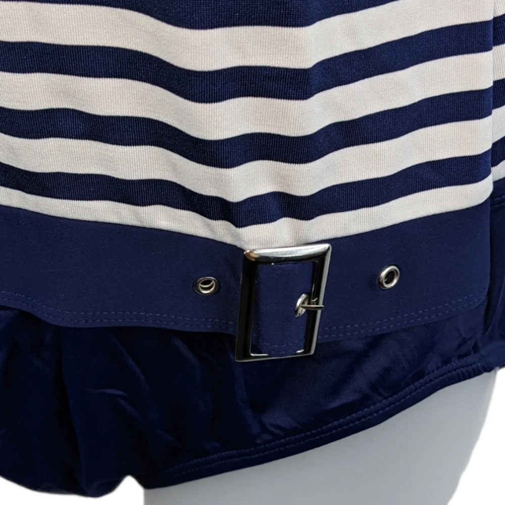 Beach House Stripe Halter Swimsuit w/Faux Buckle 8
